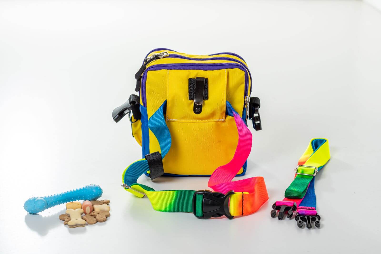 Colorful pride/rainbow dog training crossbody bag with straps on a white background