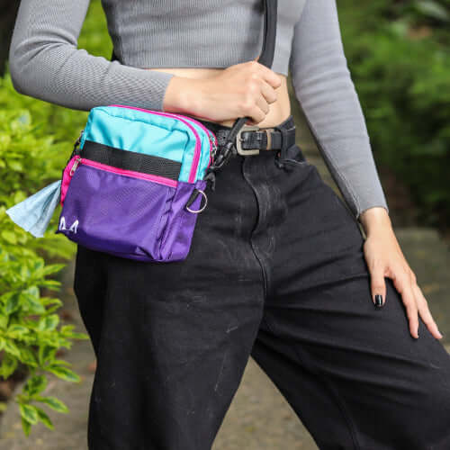Person wearing a purple, pink and light blue crossbody dog training  bag outdoors