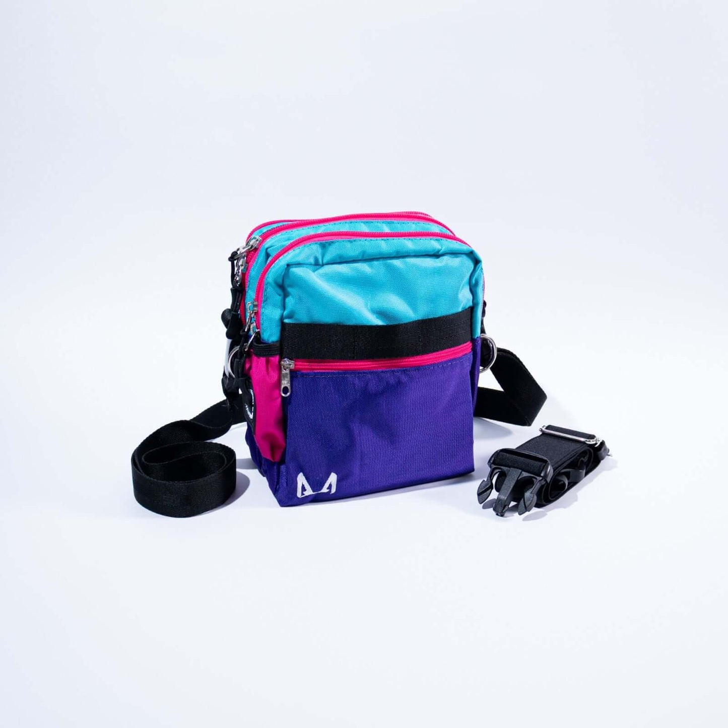 Multicolored crossbody dog training treat bag with straps in color purple, pink and light blue