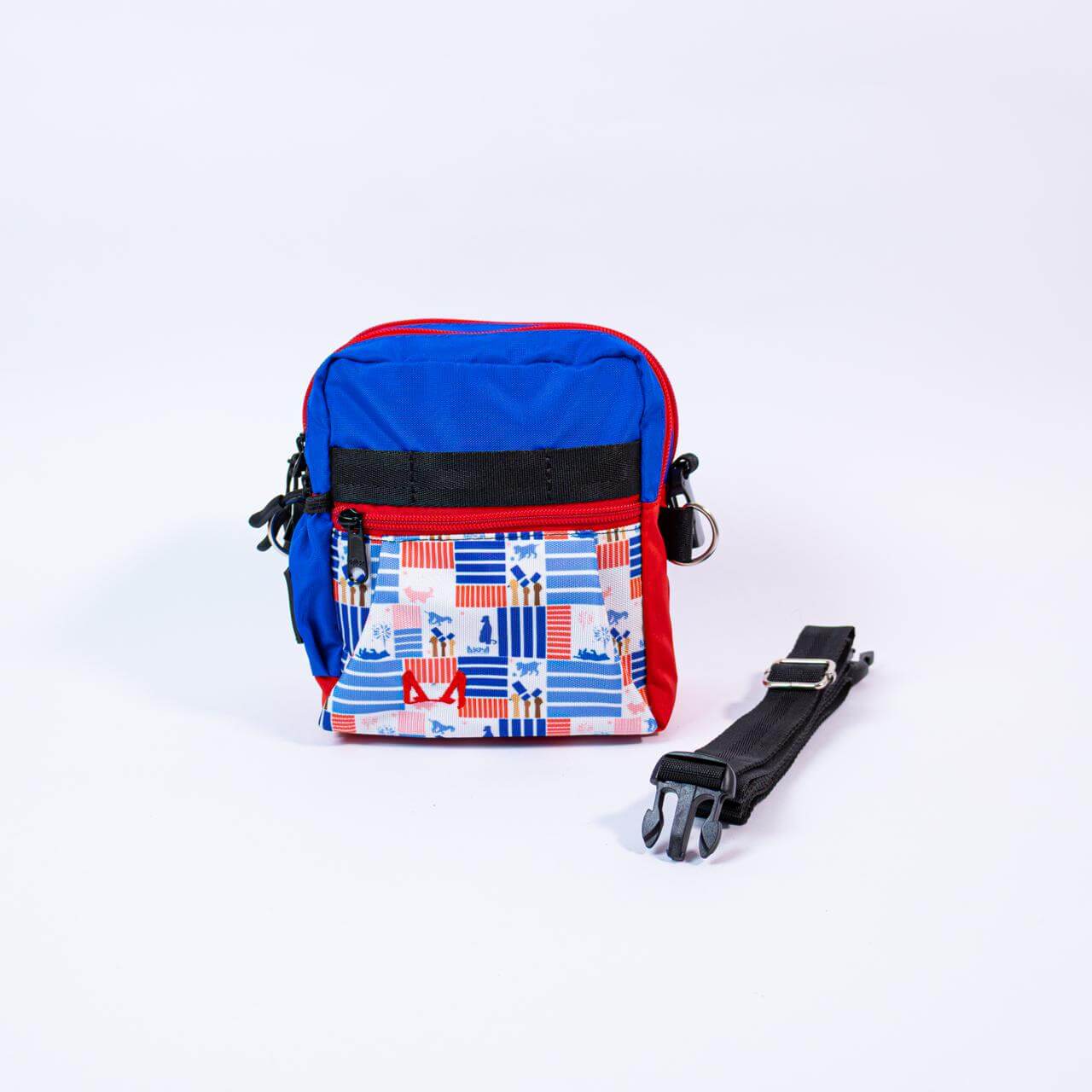 Multicolored bag with a strap on a white background