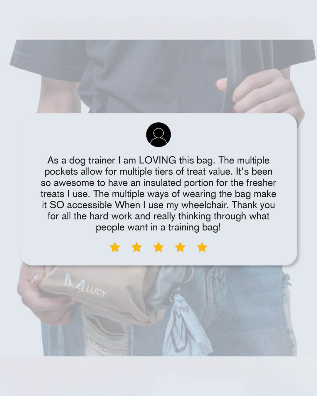 Person holding a dog training bag with a five-star rating and review text.