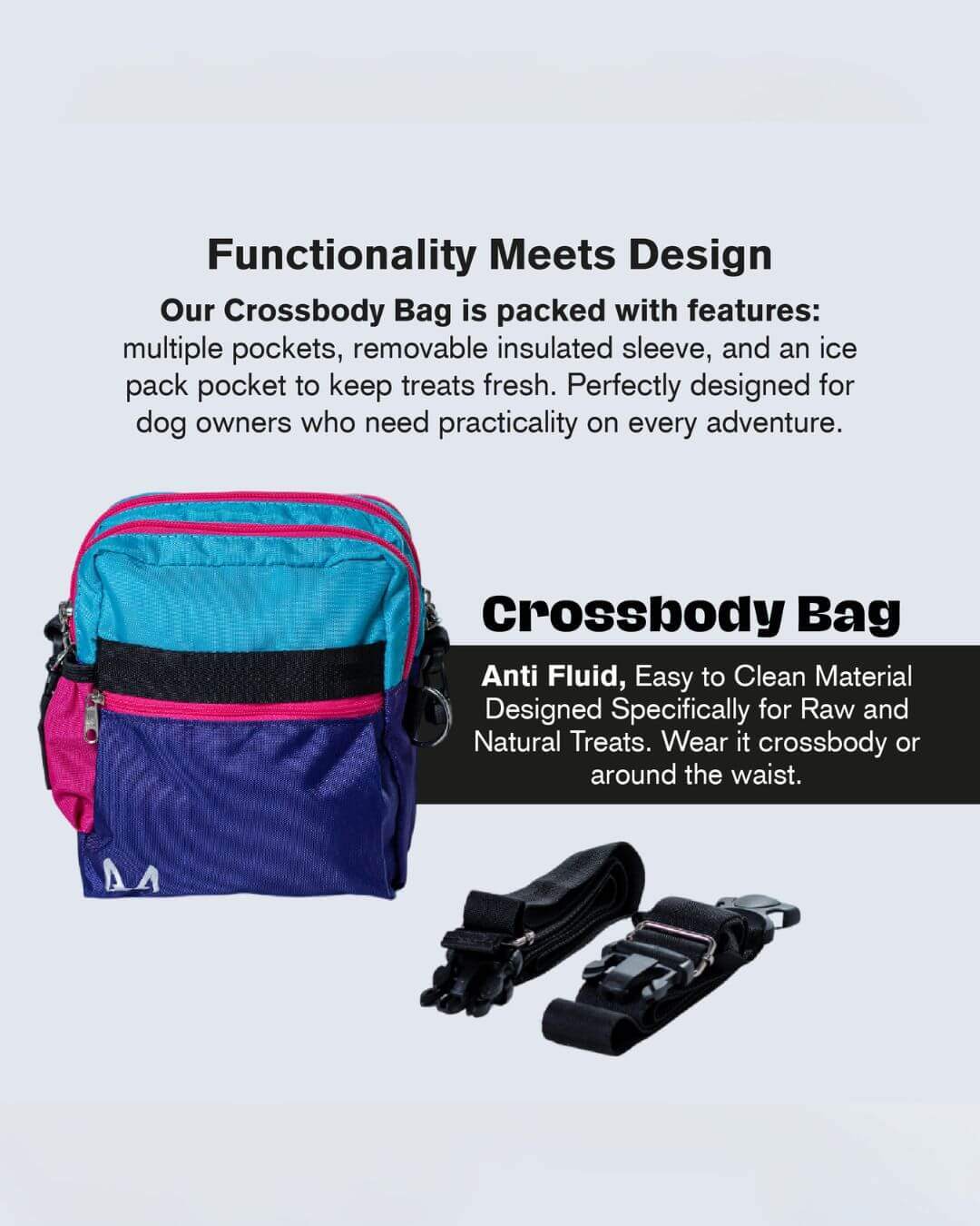 Crossbody bag with features text on a light gray background