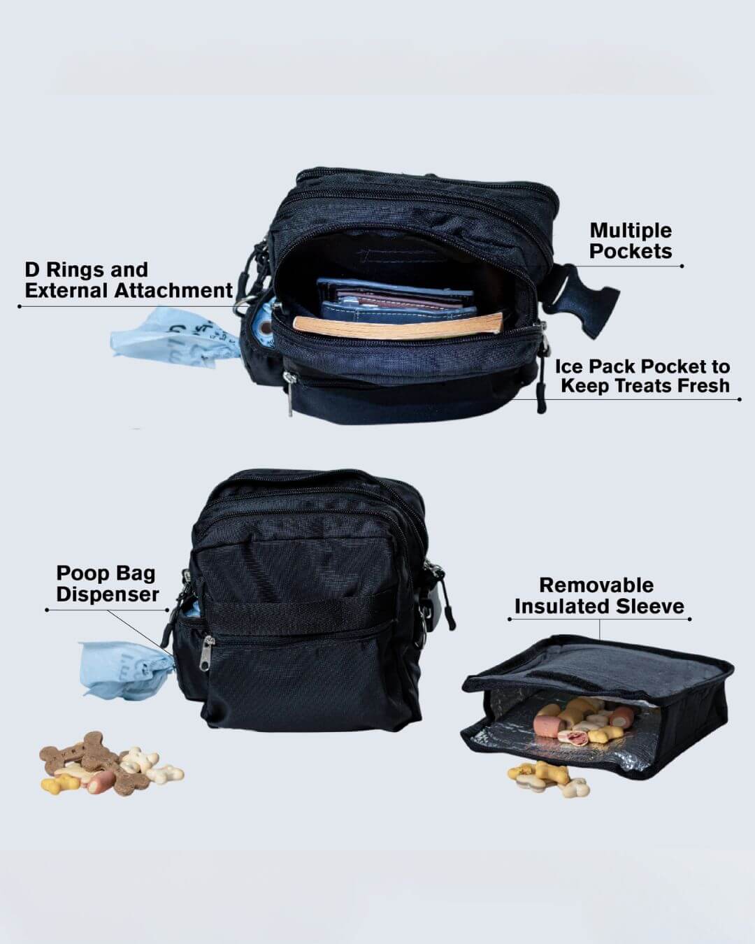 Black pet travel bag with features highlighted on a light gray background