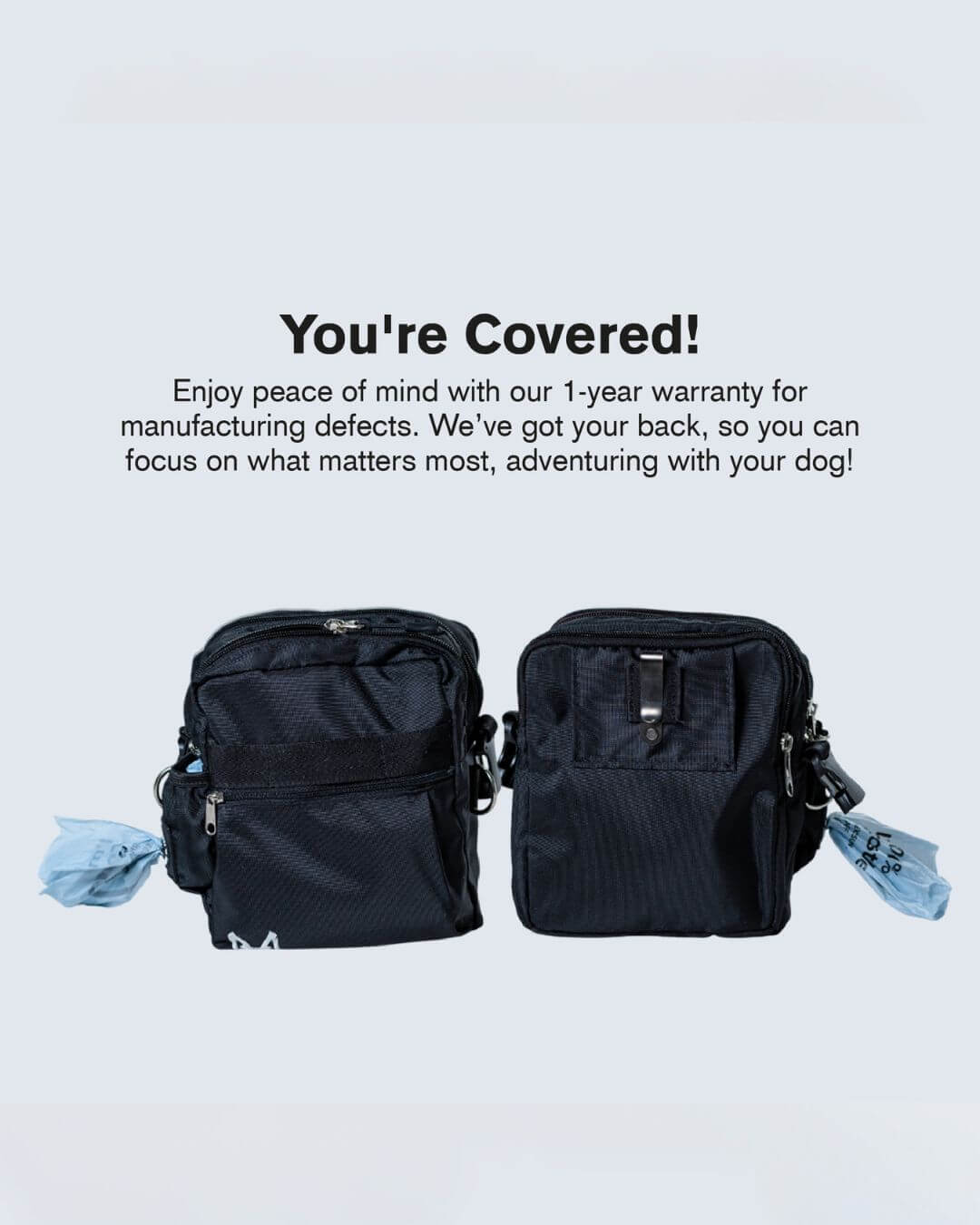 Two black dog carriers with a warranty text on a light blue background