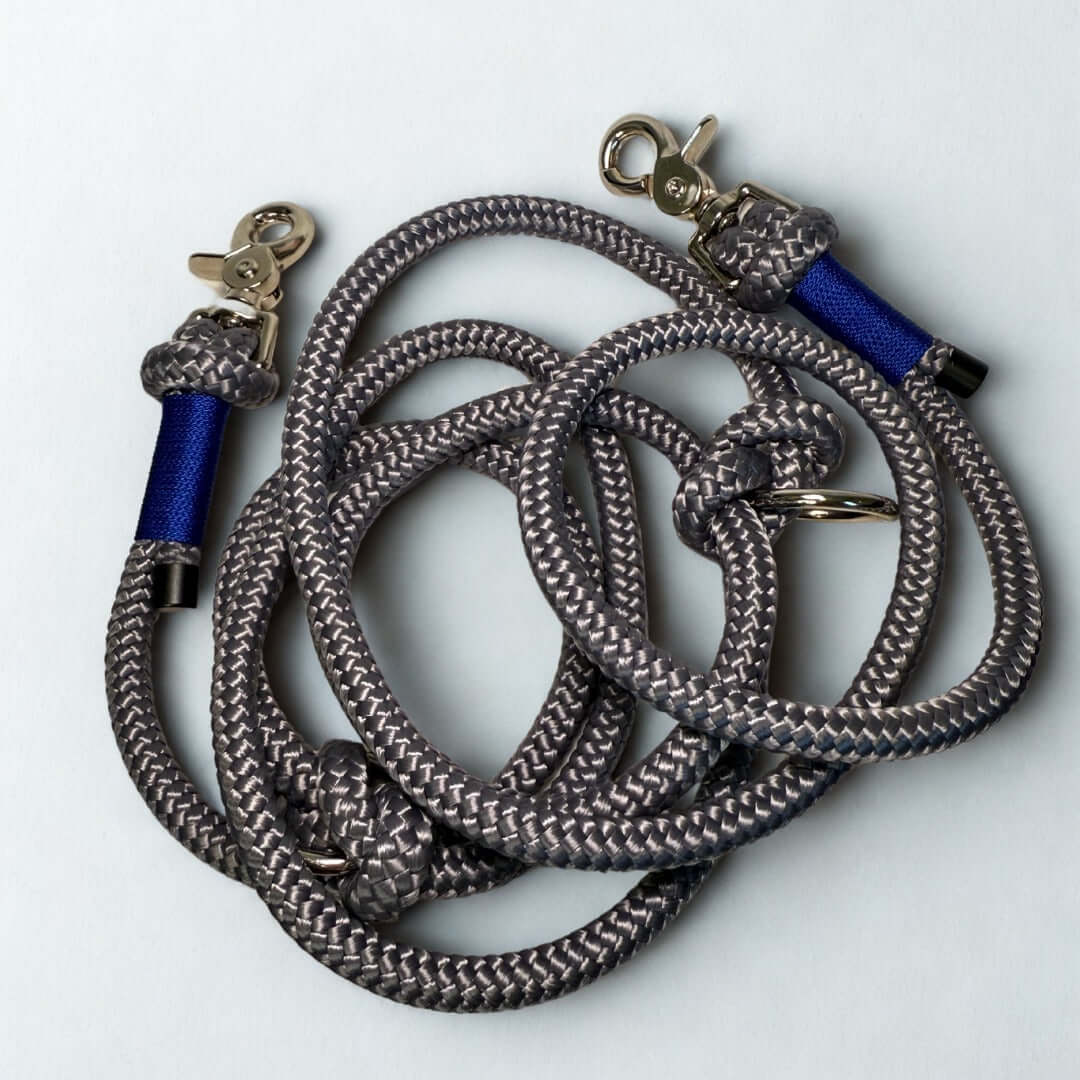Hands free gray dog leash with blue accents on a white background