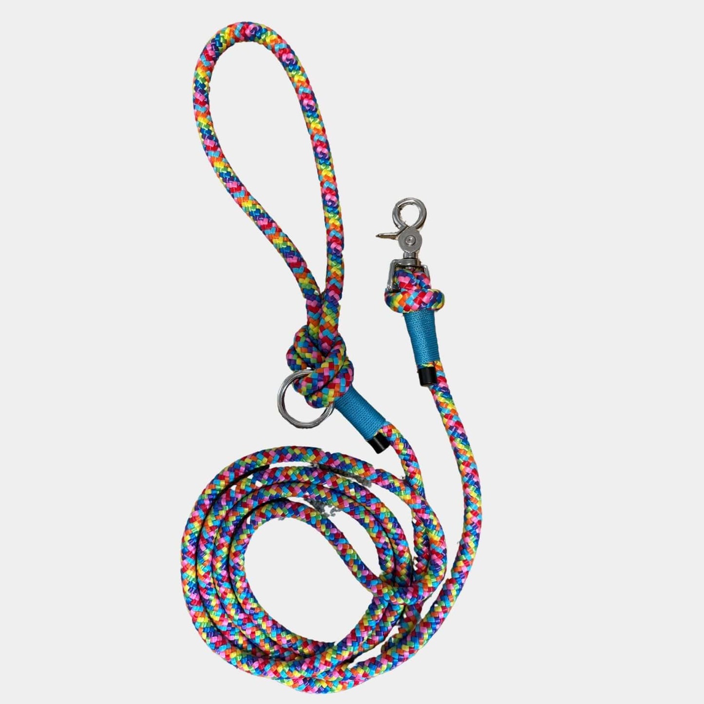 Colorful dog leash with blue handle on a light gray background