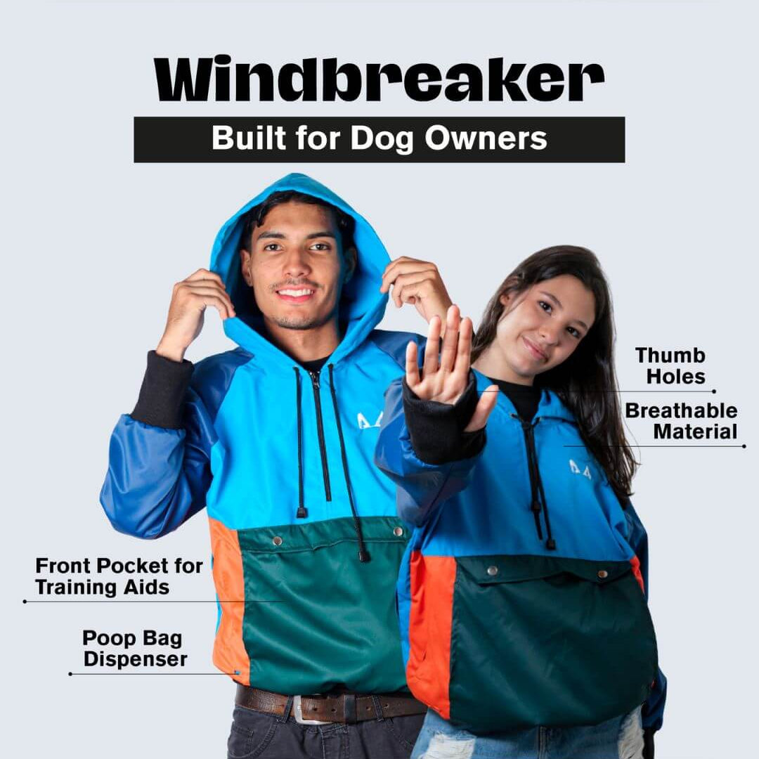 Two people wearing a colorful dog training windbreaker with features highlighted on a light gray background.