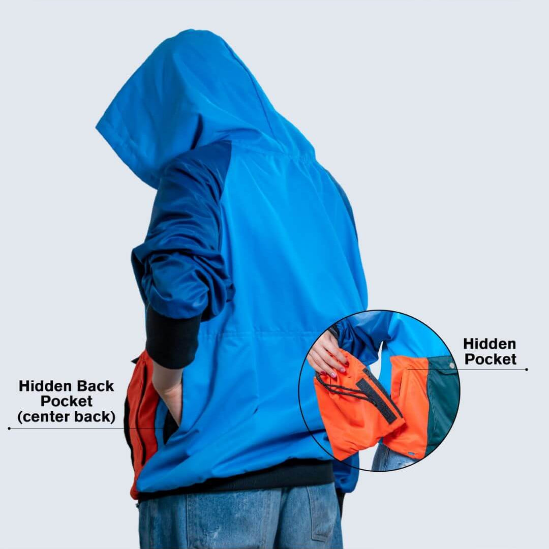 Multicolored dog training windbreaker with a hidden back pocket feature highlighted on a white background