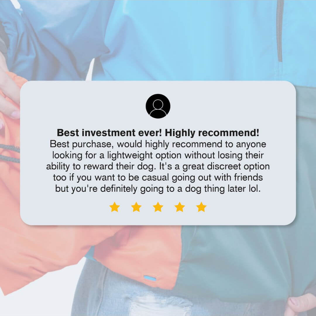 Person wearing a multicolored dog training windbreaker with a five-star rating feedback overlay