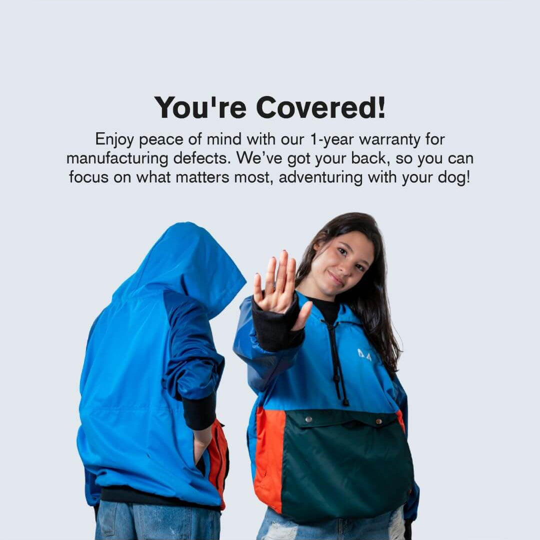 Two people wearing blue jackets with text about a 1-year warranty on manufacturing defects.