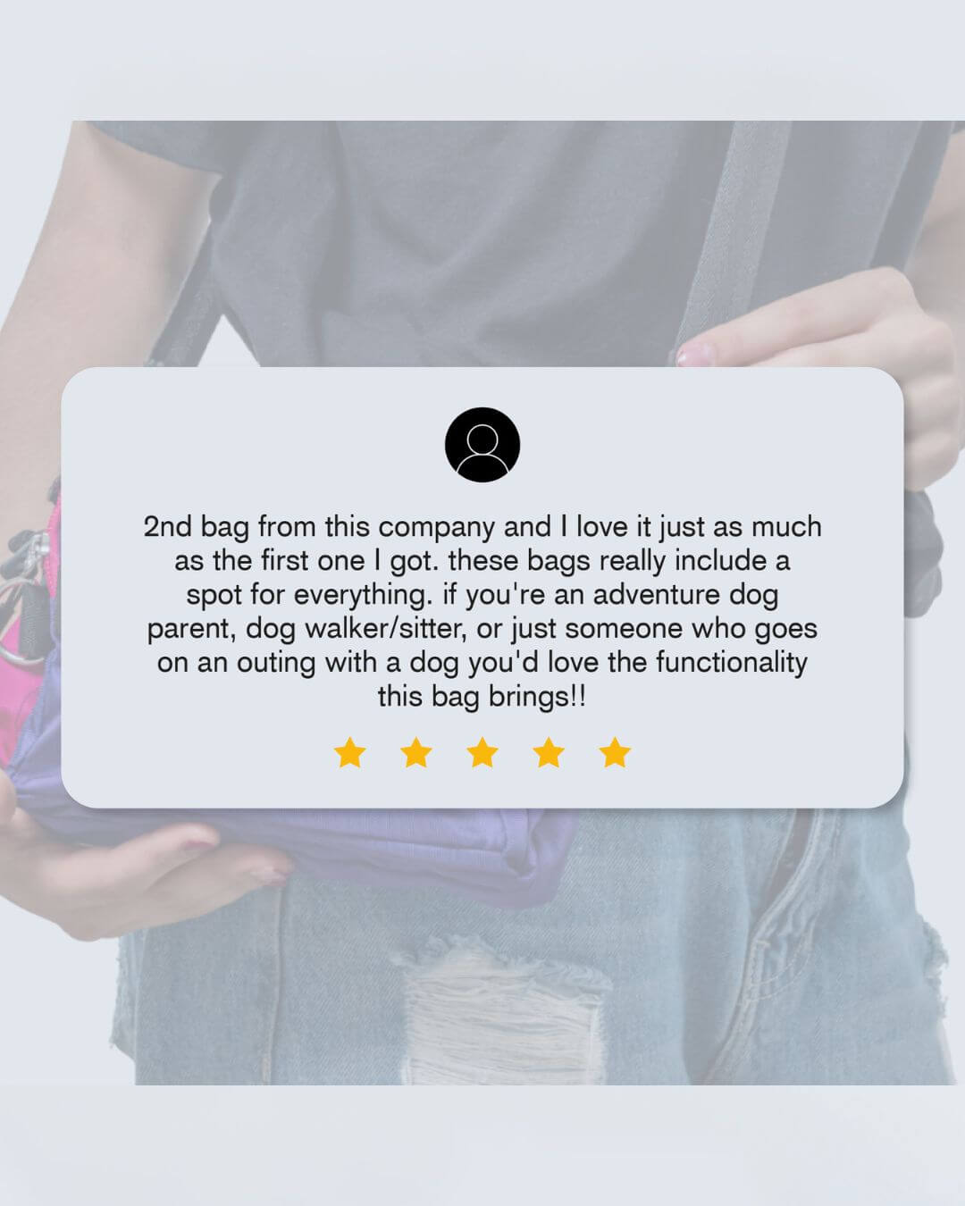 Person holding a product with a five-star rating text from a satisfied customer overlay