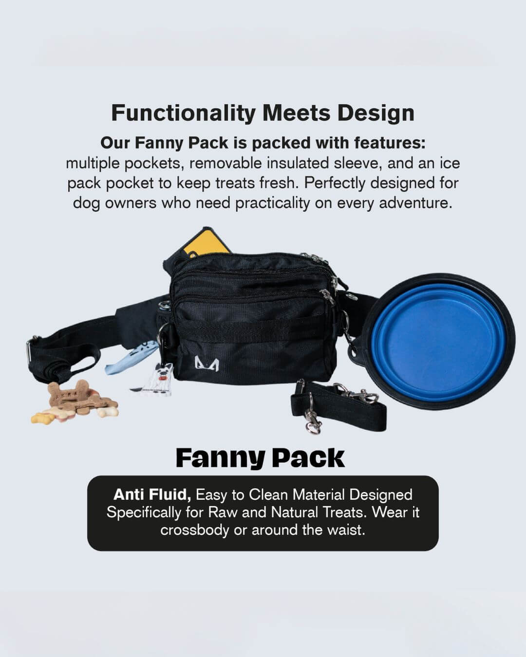 Black fanny pack with blue food container highlighting the main features on a light gray background
