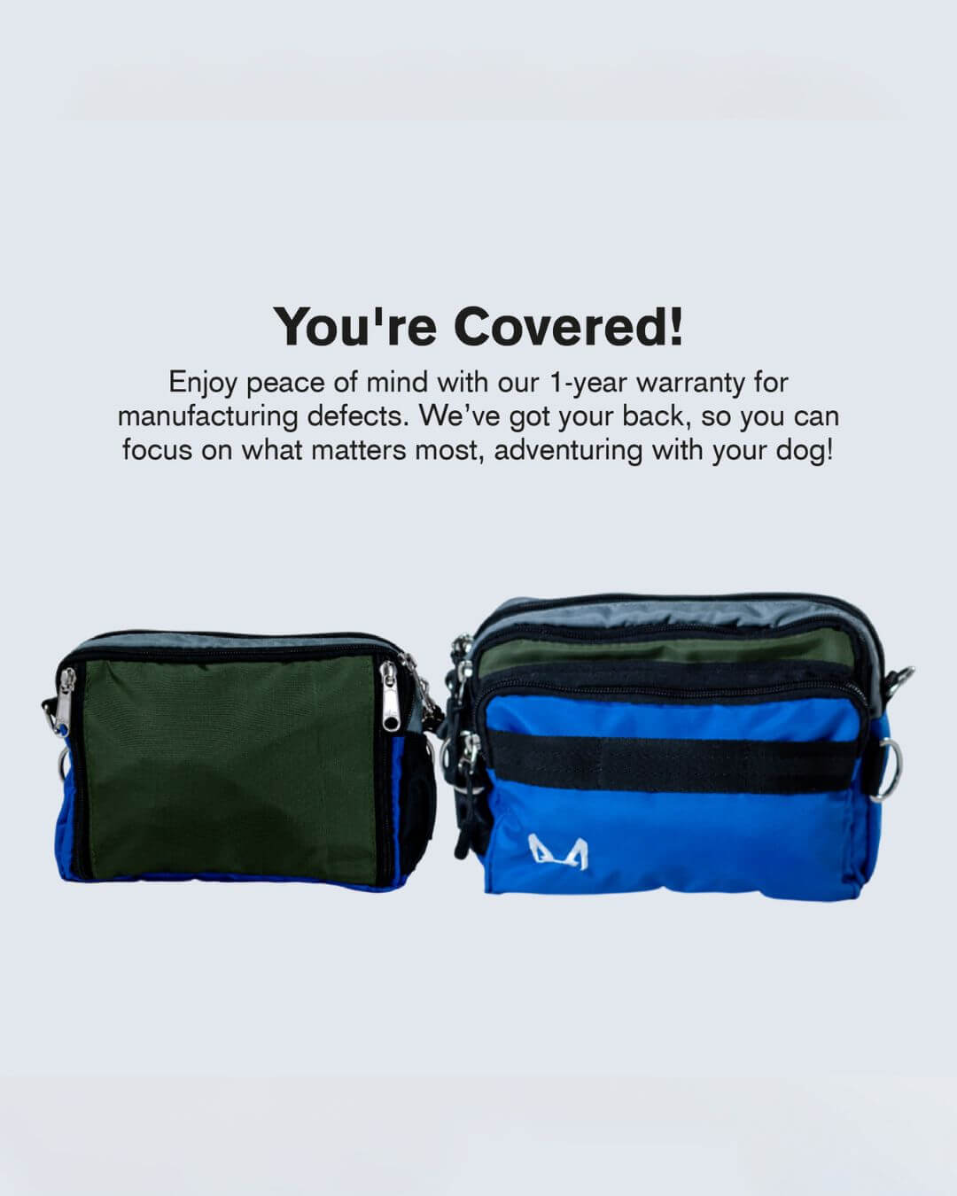 Two bags, one green and one blue, with a warranty text overlay on a light gray background.