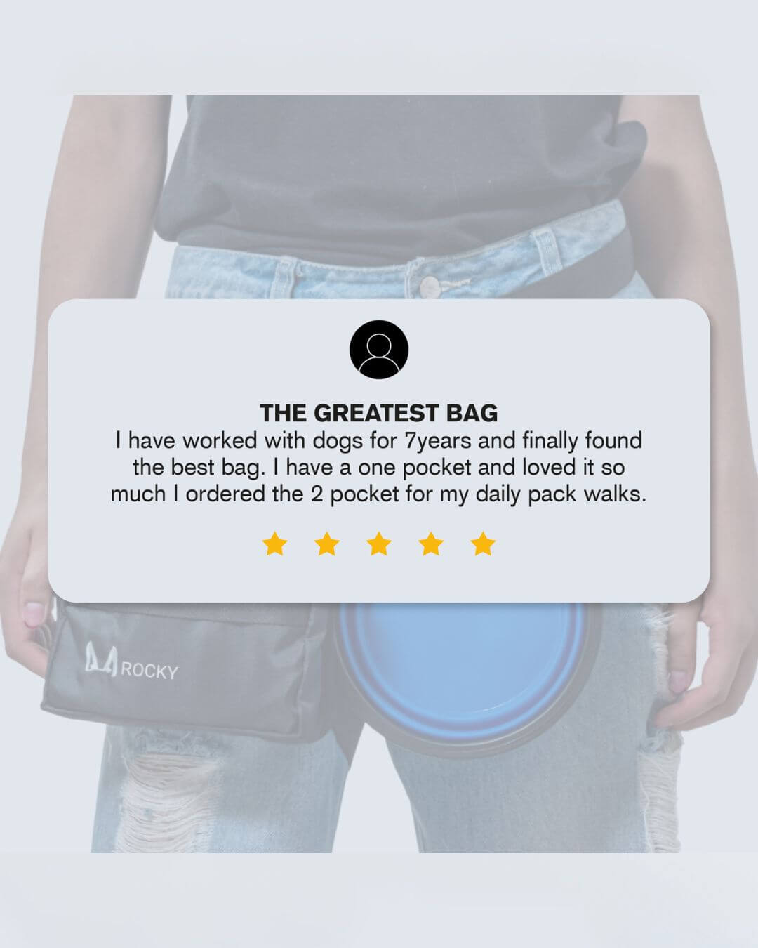 Person wearing a Rocky dog bag with a review overlay on a light gray background