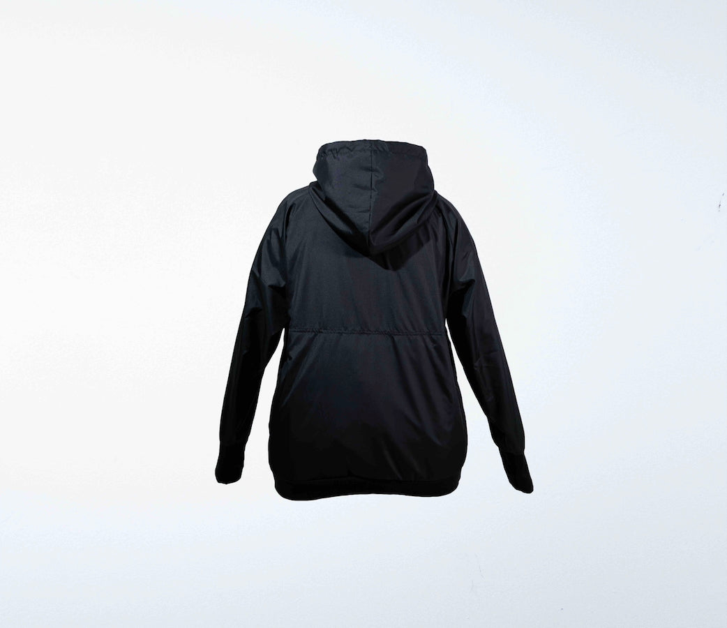 Black hooded dog training windbreaker on a light gray background