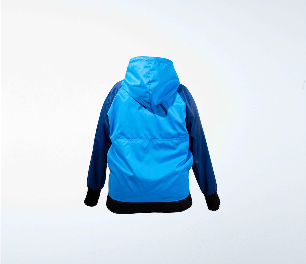Multicolored dog training windbreaker seen from the back on a white background
