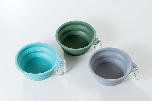 Three collapsible pet bowls in blue, green, and gray on a white background