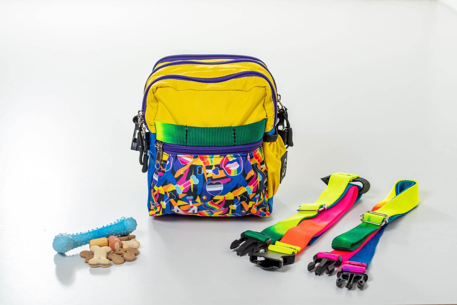 Colorful pride/rainbow crossbody dog training bag with patterned design and multiple straps on a white background