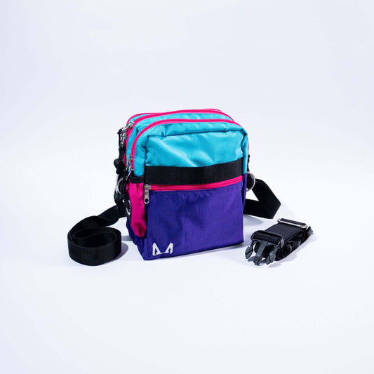 Multicolored crossbody dog training treat bag with straps in color purple, pink and light blue