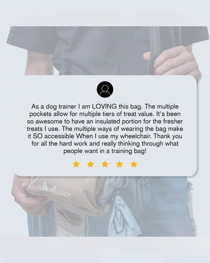 Person holding a dog training bag with a five-star rating and review text.