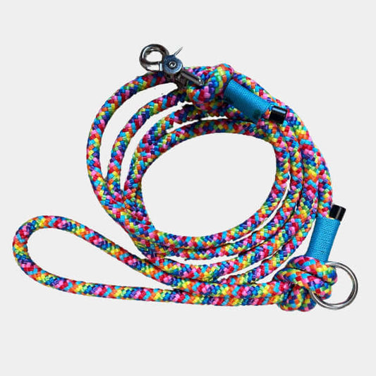Colorful braided dog leash on a white background