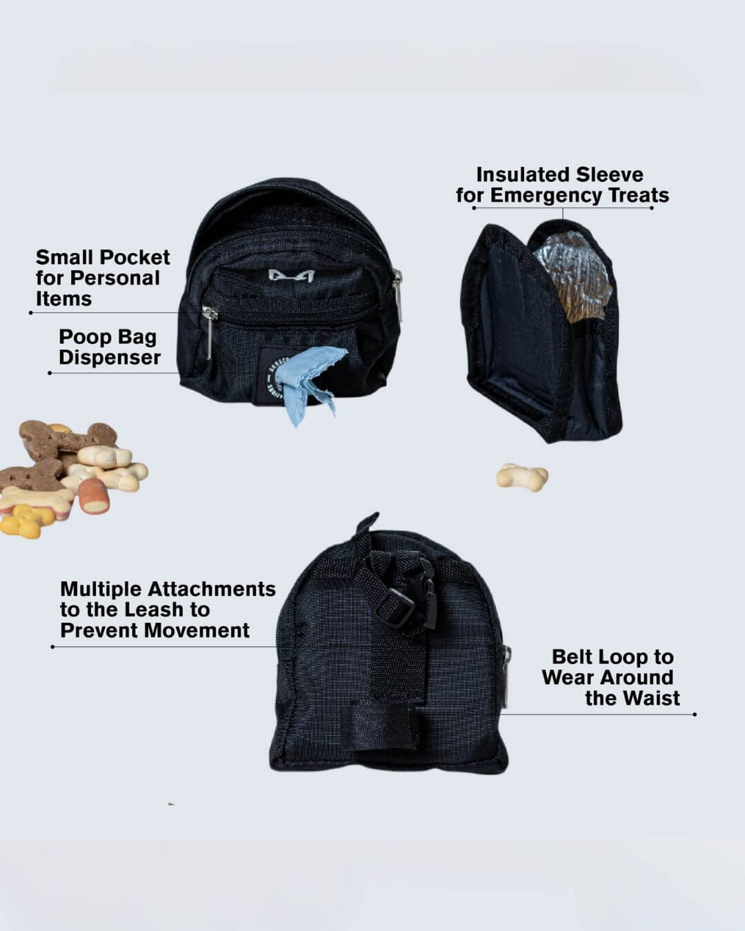 Black dog poop bag and treat holder with removable insulated sleeve features highlighted on a white background