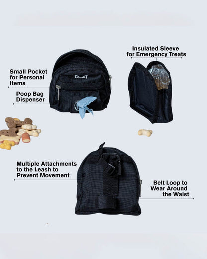 Black dog poop bag and treat holder with removable insulated sleeve features highlighted on a white background