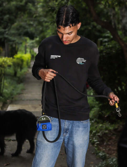 Person holding a leash with a poop bag holder attached to it and a dog in the background