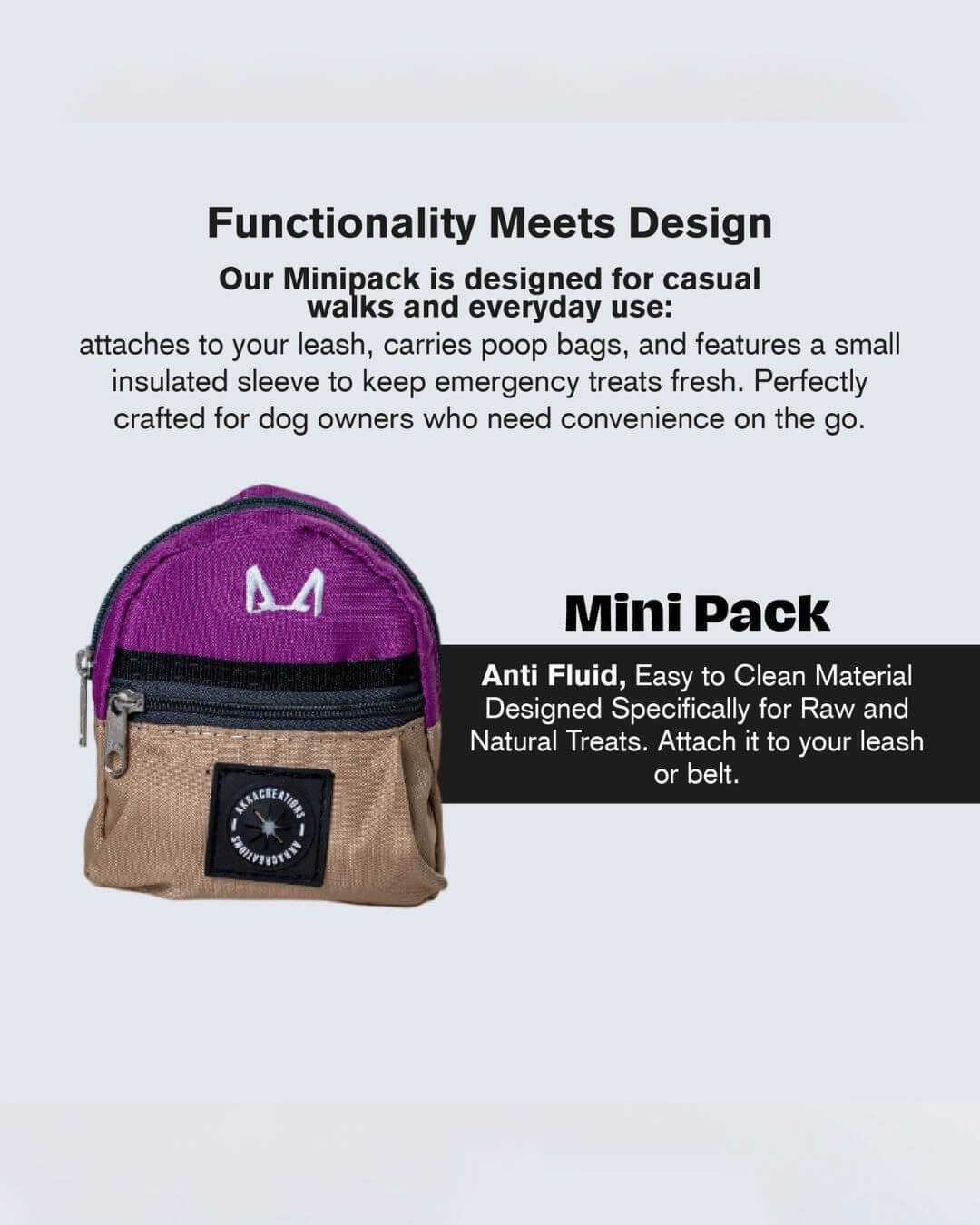 Dog poop bag and treat bag holder main features on a light gray background