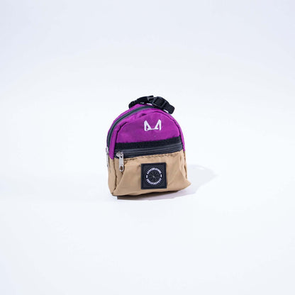 Small lilac and beige poop bag and treat holder with a logo on a white background