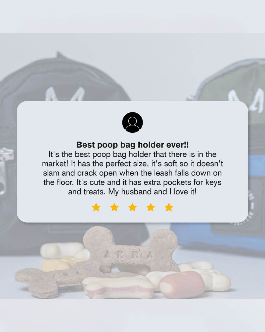 Dog poop bag holder with a five-star rating text overlay