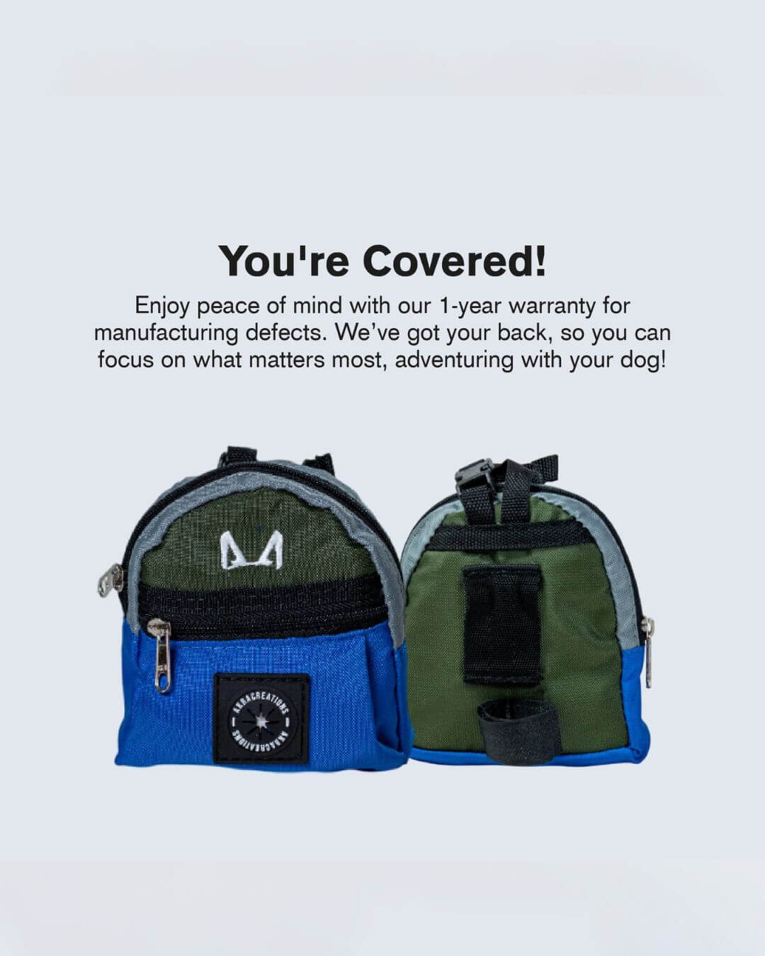 Two dog bags with a warranty text on a light gray background