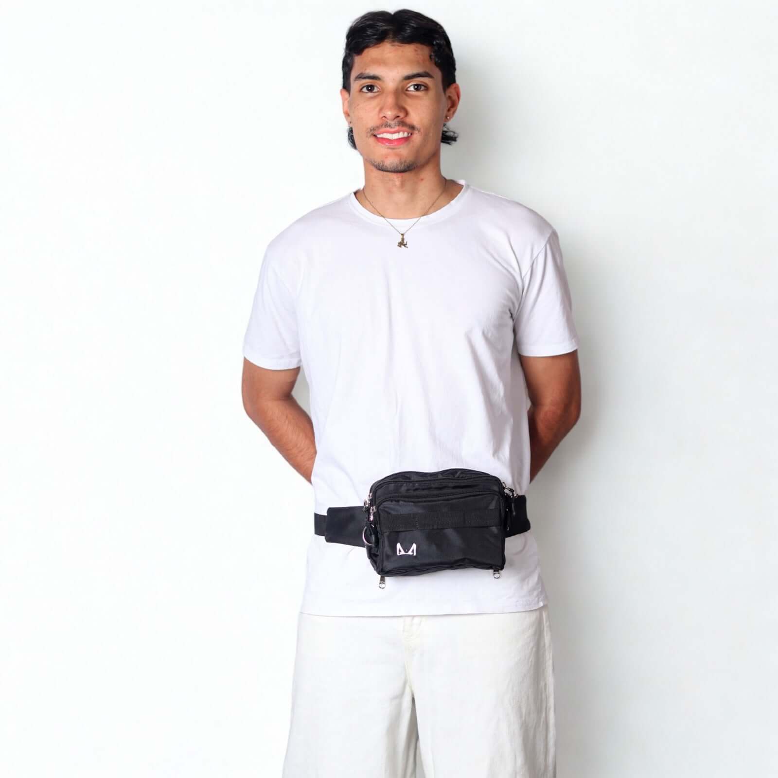 Male model wearing black fanny pack