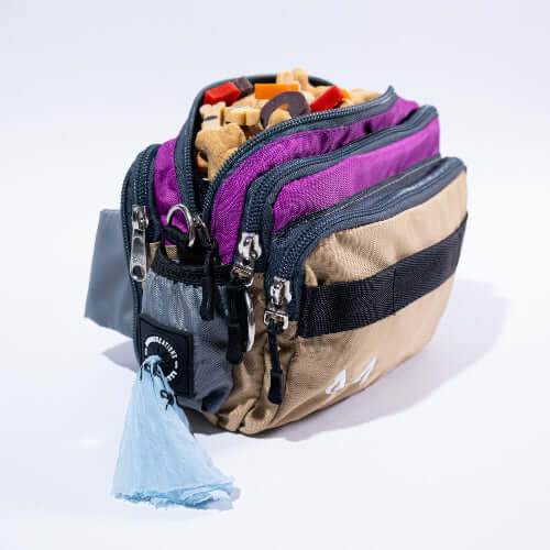 Multicolored lilac and beige fanny pack with snacks on a white background