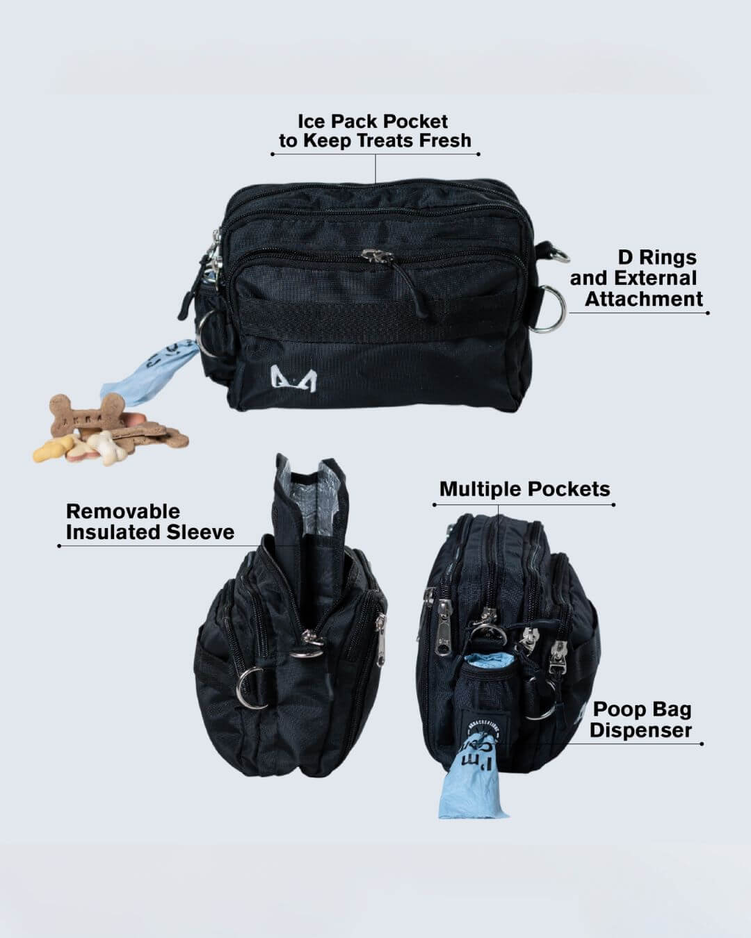 Fanny pack main features including the removable insulated sleeve and multiple pockets