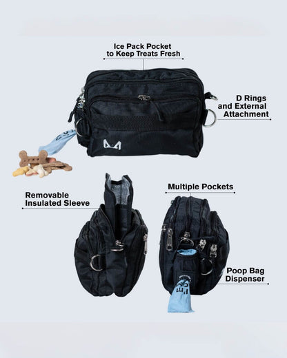 Fanny pack main features including the removable insulated sleeve and multiple pockets