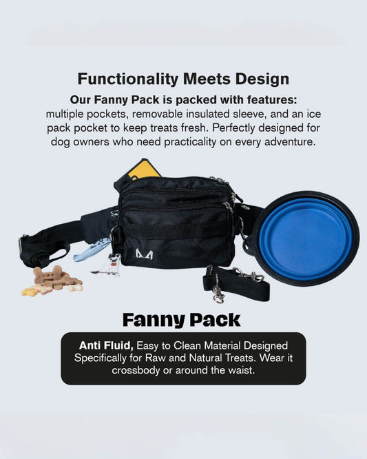 Black fanny pack with blue food container highlighting the main features on a light gray background