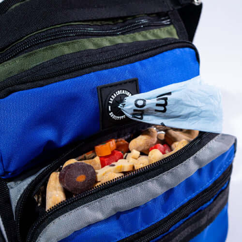 Blue backpack with snacks and a visible brand logo on a white background