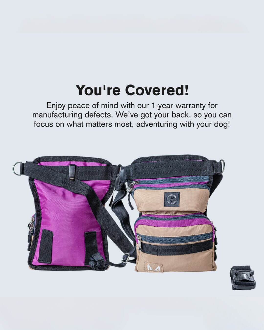 Dog backpacks with a warranty guarantee text on a light gray background