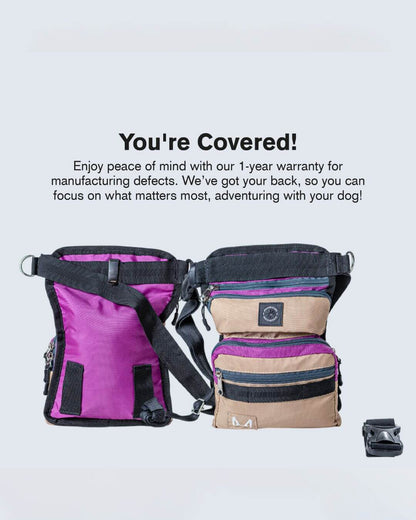 Dog backpacks with a warranty guarantee text on a light gray background