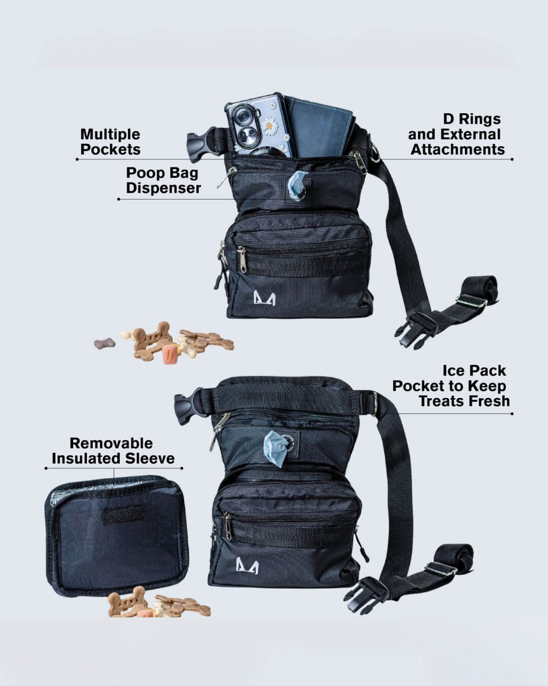 Black pet bag with various features highlighted on a light gray background