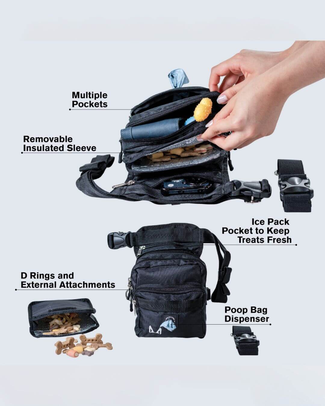 Black pet travel bag with various compartments, insulated sleeve for treats and other features labeled on a white background