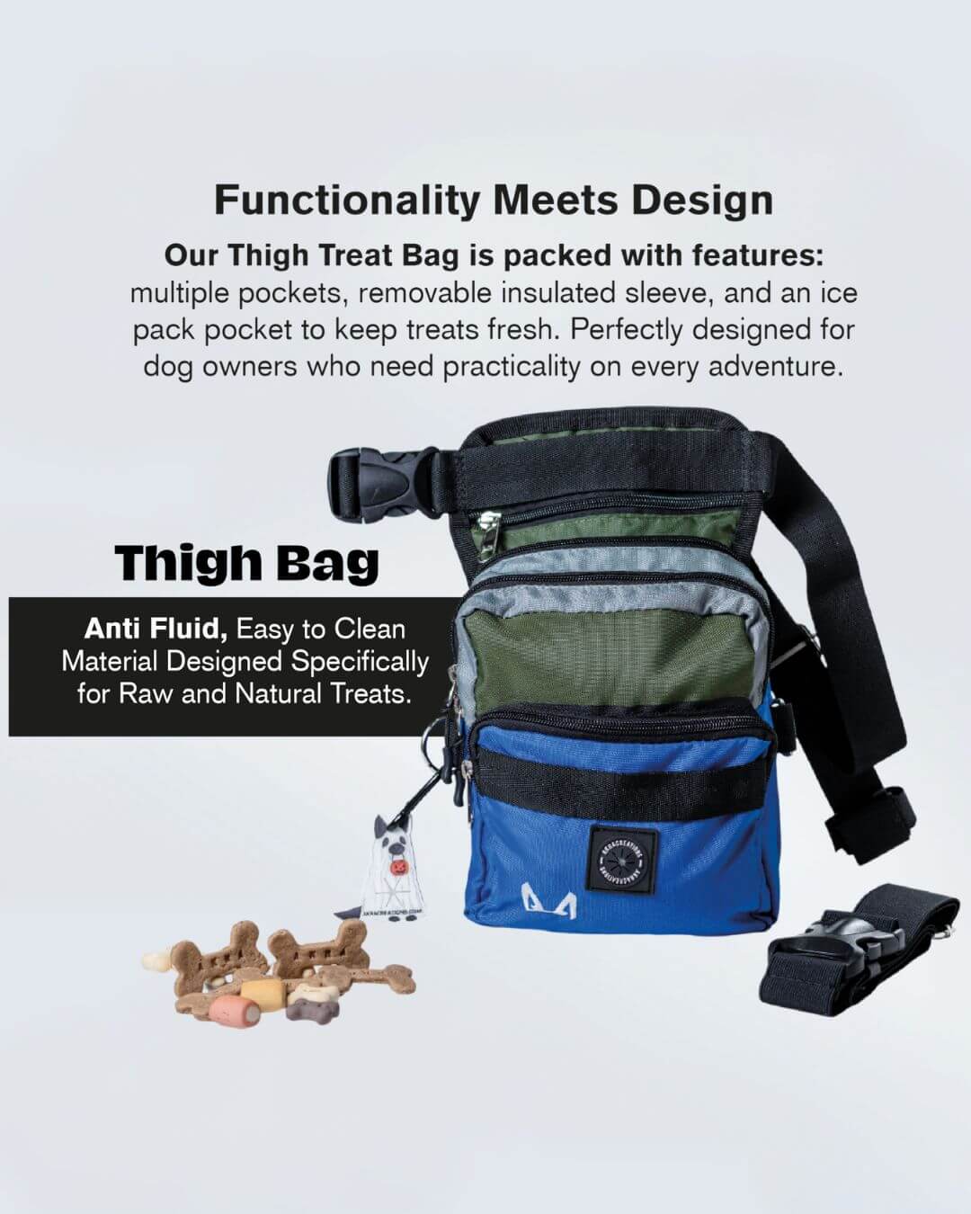 Thigh treat bag with text explaining its features on a light gray background