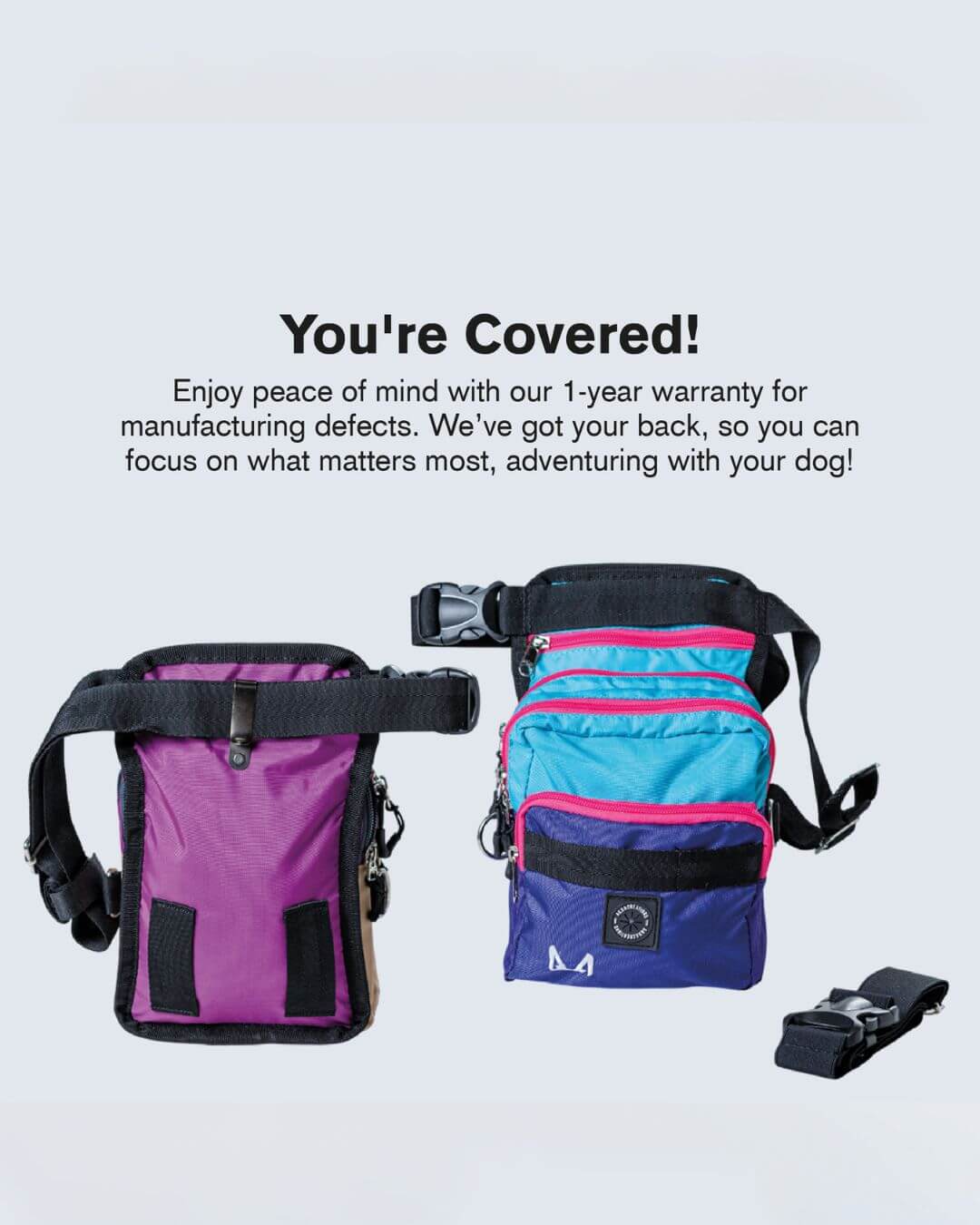 Two dog bags, one purple and one blue, with text about a 1-year warranty on a light gray background.
