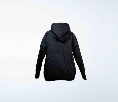 Black hooded dog training windbreaker on a light gray background