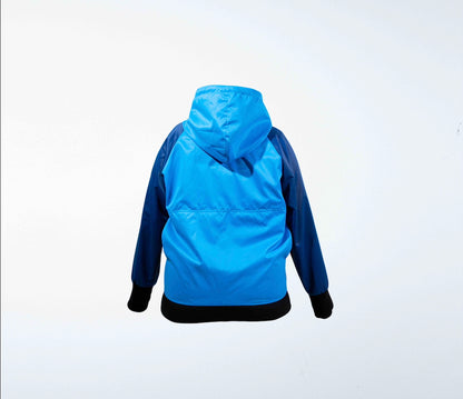 Multicolored dog training windbreaker seen from the back on a white background