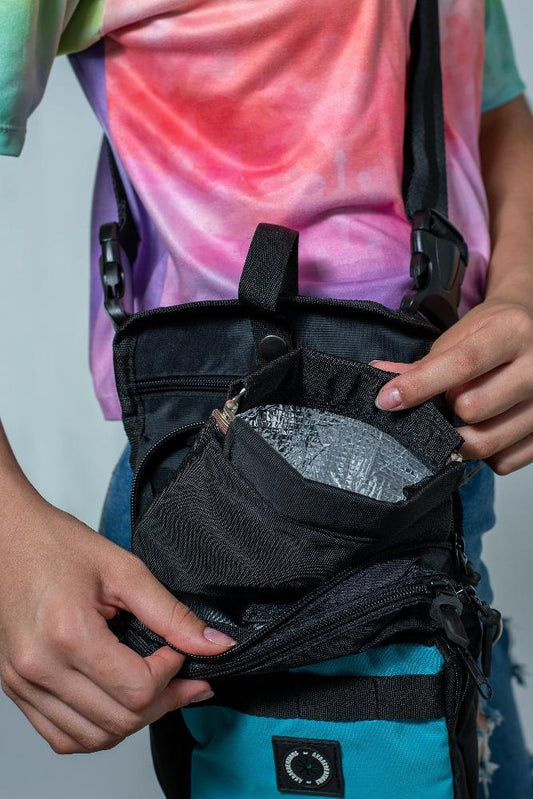 Insulated sleeve with metal closure fanny pack treat bag